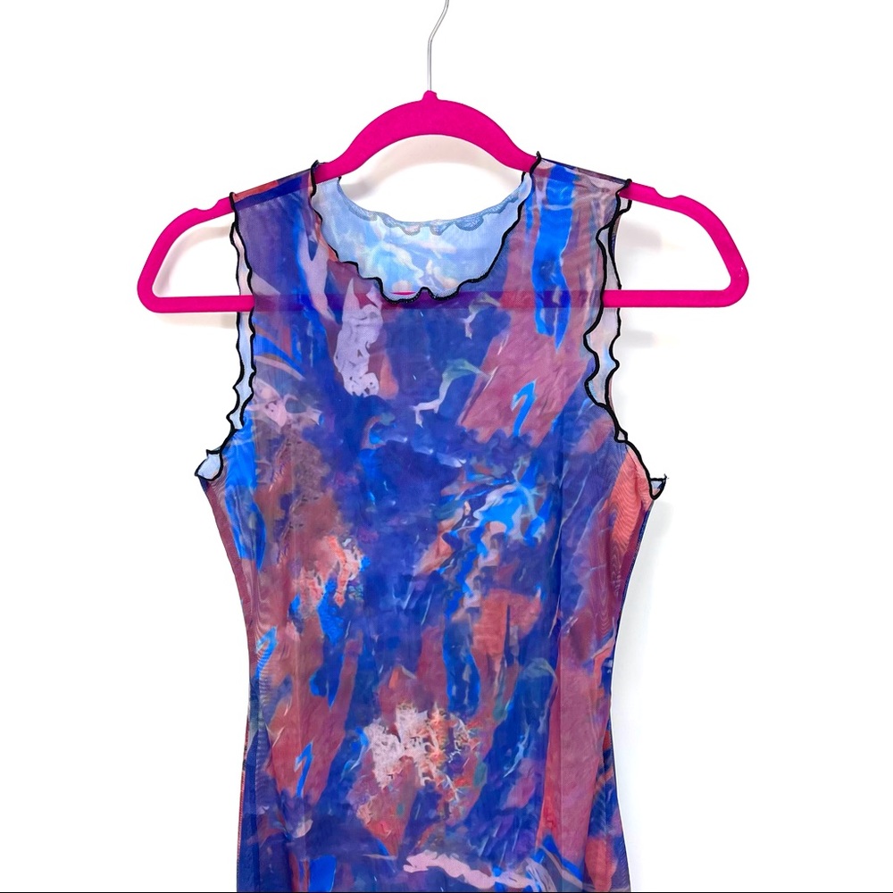 Small Blue Marble Print Lettuce Trim Mesh Dress - Picture 3 of 7